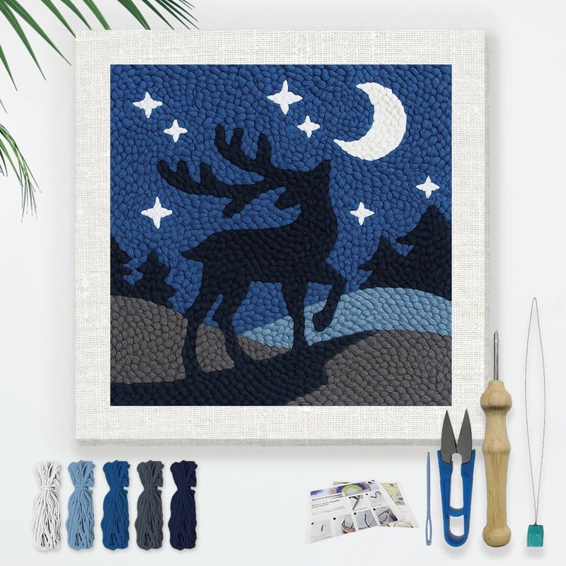 DOODLREAM Deer DIY Punch Needle Embroidery Kit for Adult Beginner, 9.4" Deer Punch Stitching Craft Set for Starter with Frame, Fabric Pattern, Threader, Yarn, Pinch Needle - Image 1